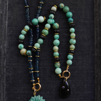 One of a Kind: Peruvian Turquoise & Wood Necklace & Black Onyx Embellished Charm