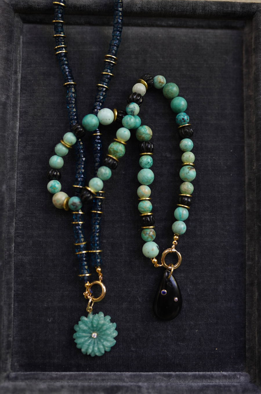 One of a Kind: Peruvian Turquoise & Wood Necklace & Black Onyx Embellished Charm