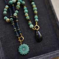 One of a Kind: Peruvian Turquoise & Wood Necklace & Black Onyx Embellished Charm