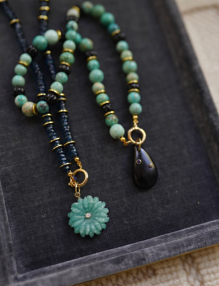 One of a Kind: Peruvian Turquoise & Wood Necklace & Black Onyx Embellished Charm