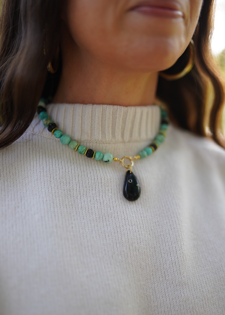 One of a Kind: Peruvian Turquoise & Wood Necklace & Black Onyx Embellished Charm