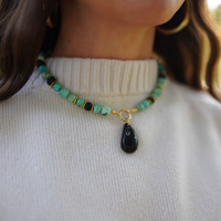 One of a Kind: Peruvian Turquoise & Wood Necklace & Black Onyx Embellished Charm