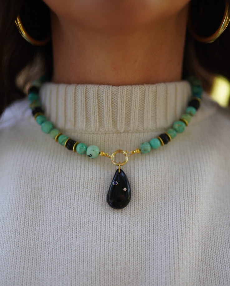 One of a Kind: Peruvian Turquoise & Wood Necklace & Black Onyx Embellished Charm