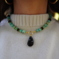 One of a Kind: Peruvian Turquoise & Wood Necklace & Black Onyx Embellished Charm