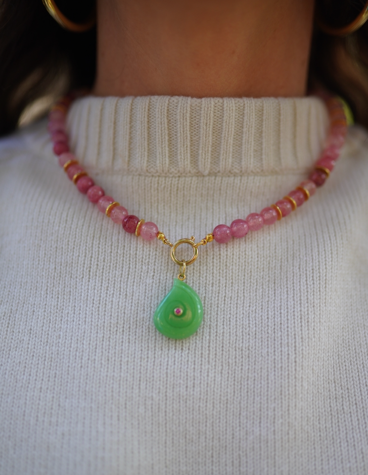 One of a Kind: Pink Jade Beaded Necklace & Peruvian Opal Embellished Charm