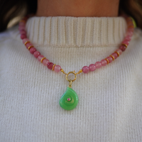 One of a Kind: Pink Jade Beaded Necklace & Peruvian Opal Embellished Charm