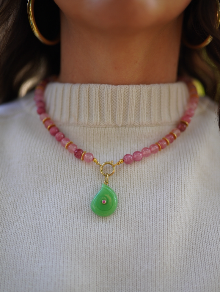 One of a Kind: Pink Jade Beaded Necklace & Peruvian Opal Embellished Charm