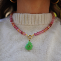 One of a Kind: Pink Jade Beaded Necklace & Peruvian Opal Embellished Charm