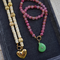 One of a Kind: Pink Jade Beaded Necklace & Peruvian Opal Embellished Charm