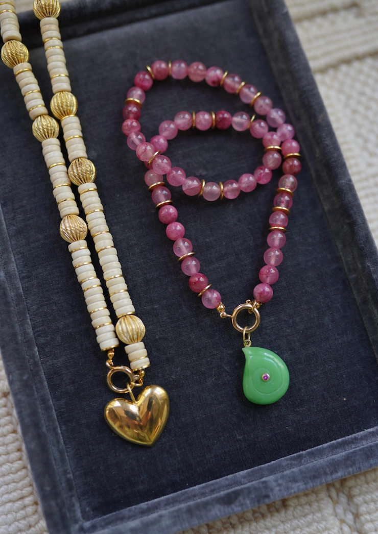 One of a Kind: Pink Jade Beaded Necklace & Peruvian Opal Embellished Charm