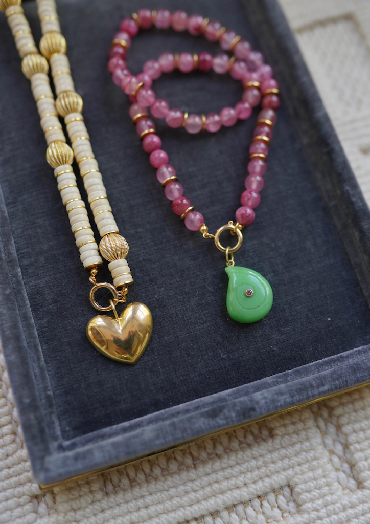 One of a Kind: Pink Jade Beaded Necklace & Peruvian Opal Embellished Charm