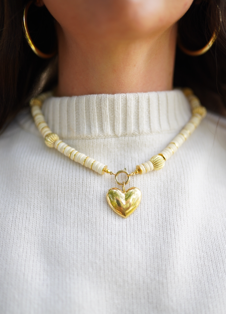 One of a Kind: Ivory Howlite & Golden Beads & Golden Heart Charm