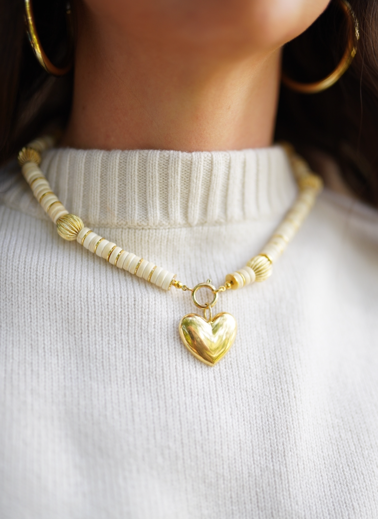 One of a Kind: Ivory Howlite & Golden Beads & Golden Heart Charm