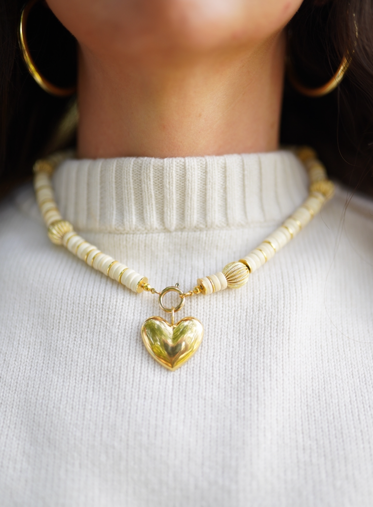 One of a Kind: Ivory Howlite & Golden Beads & Golden Heart Charm