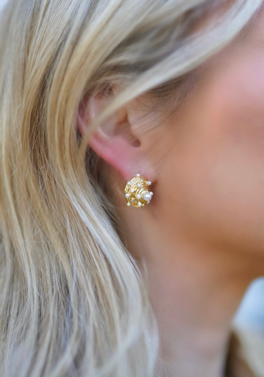 Golden Embellished & Pearly Seashell Studs