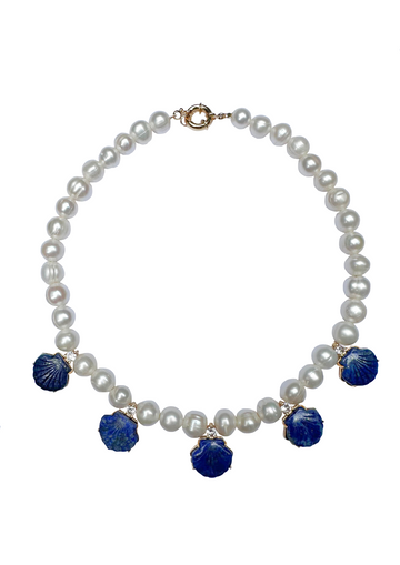 Limited Edition: Freshwater Pearl & Lapis Blue Seashell Necklace