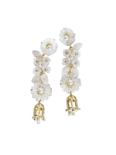 mother of pearl + pearl + bird cage earrings
