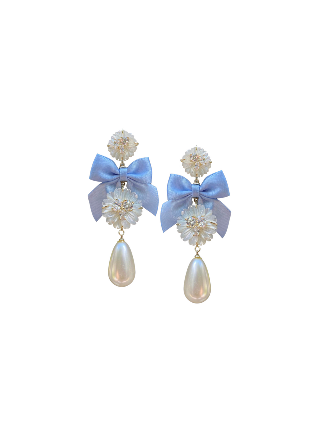 embellished mother of pearl cornflower blue bow