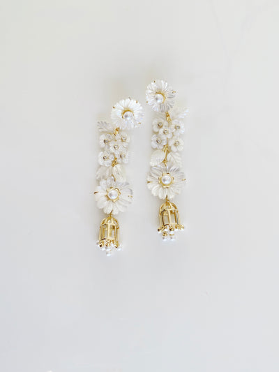 mother of pearl + pearl + bird cage earrings
