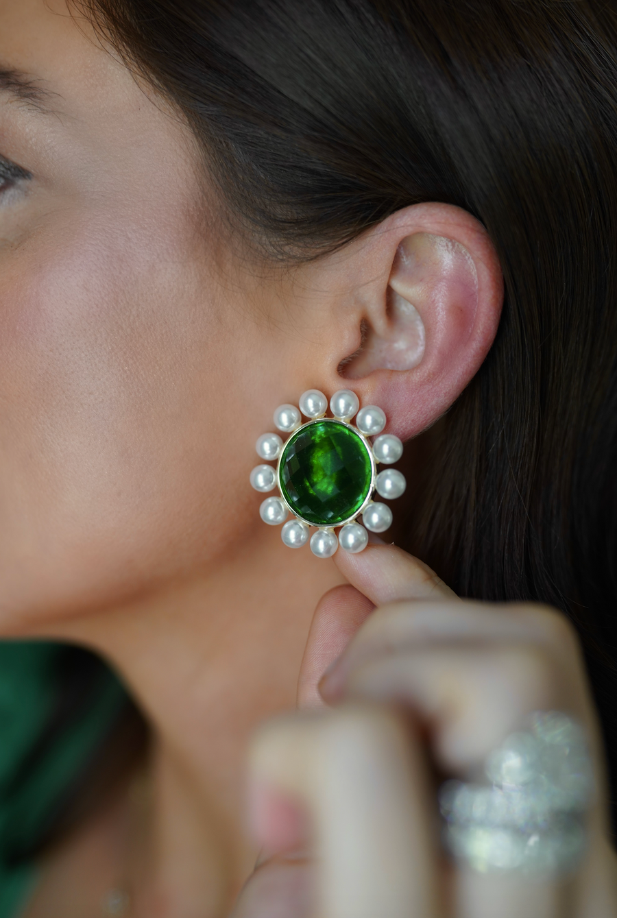 Emerald & Pearl Halo Stud