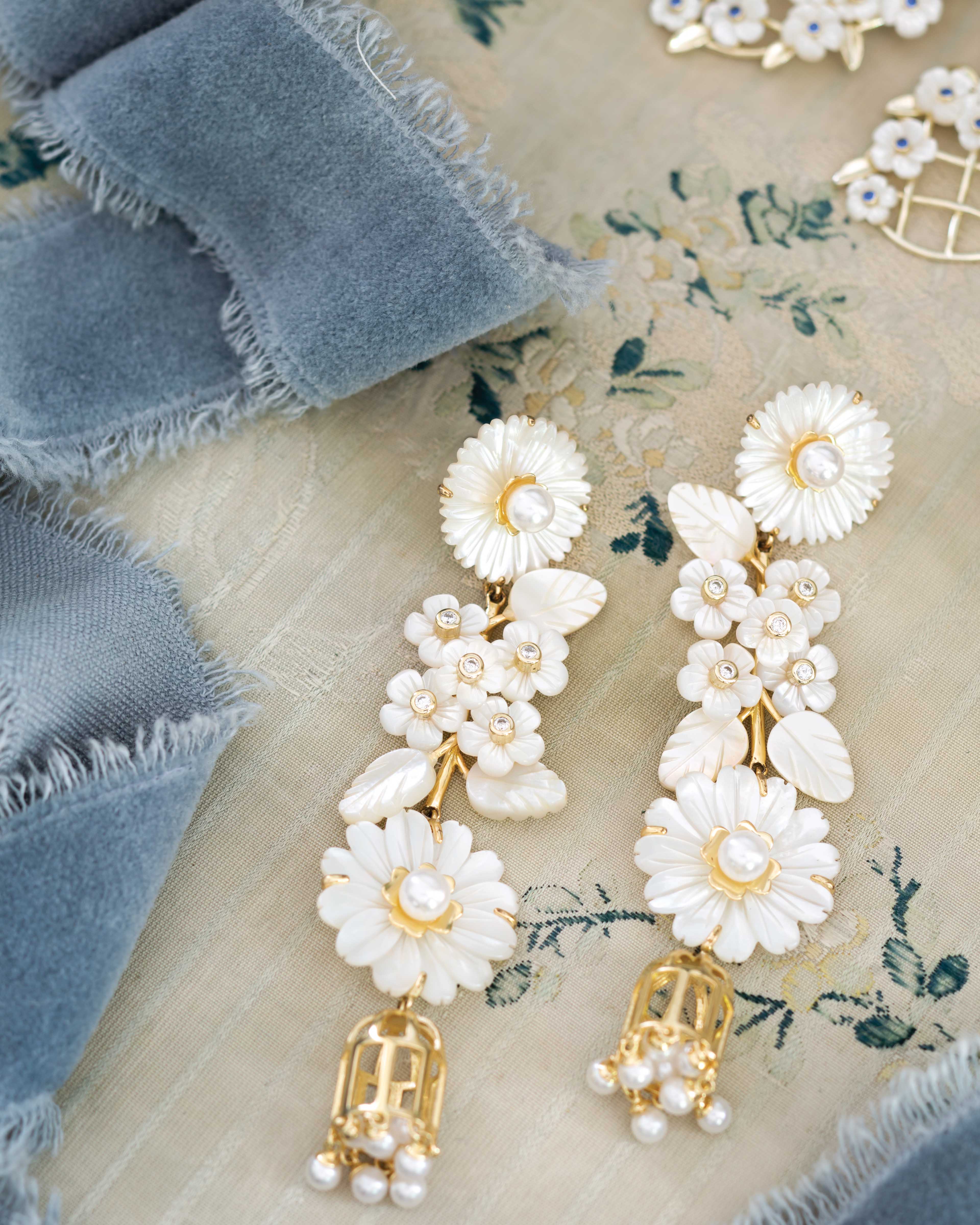 mother of pearl + pearl + bird cage earrings – Nicola Bathie